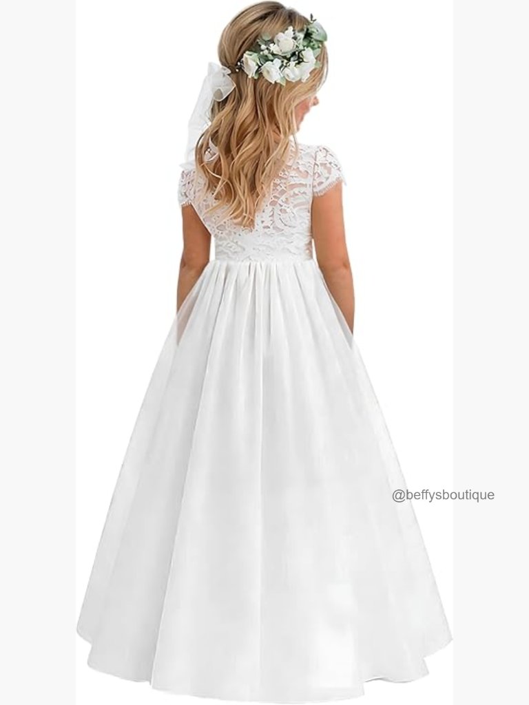 Girls Paisley Lace Back A-Line Tutu Tulle Party Flower Girl Dress